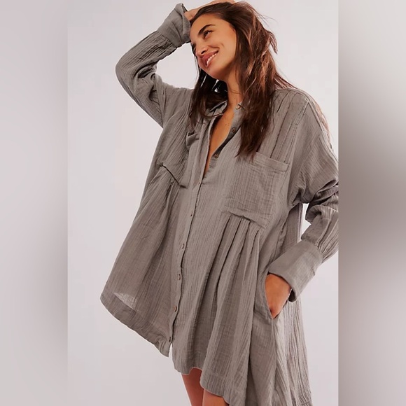 Free People Pink Cotton Gauze Voyager Oversized Relaxed Fit Tunic Shirt Dress - Picture 12 of 12